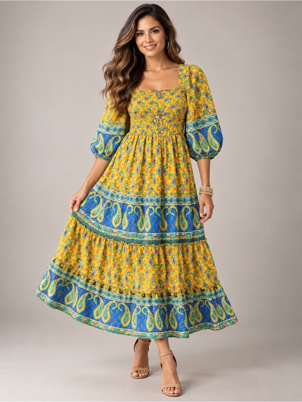 Me 2 Magic maxi, vibrant yellow & blue paisley pattern, smocked bodice tiered M